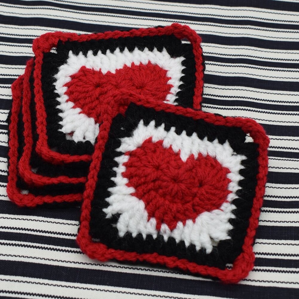 Hand Crafted Heart Coasters Crochet Valentines Day Granny Squares Set of Four